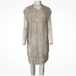 Lee Mathews Sz 4 US 100% Linen Shift Dress Beige Casual Sheer Crochet Detail